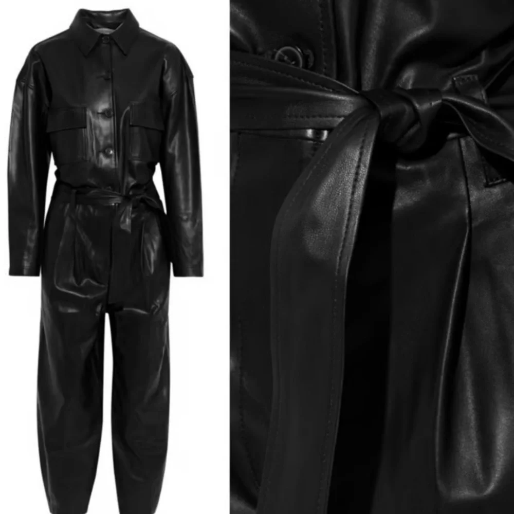Frame Jumpsuit Belted Lamb Leather in Black